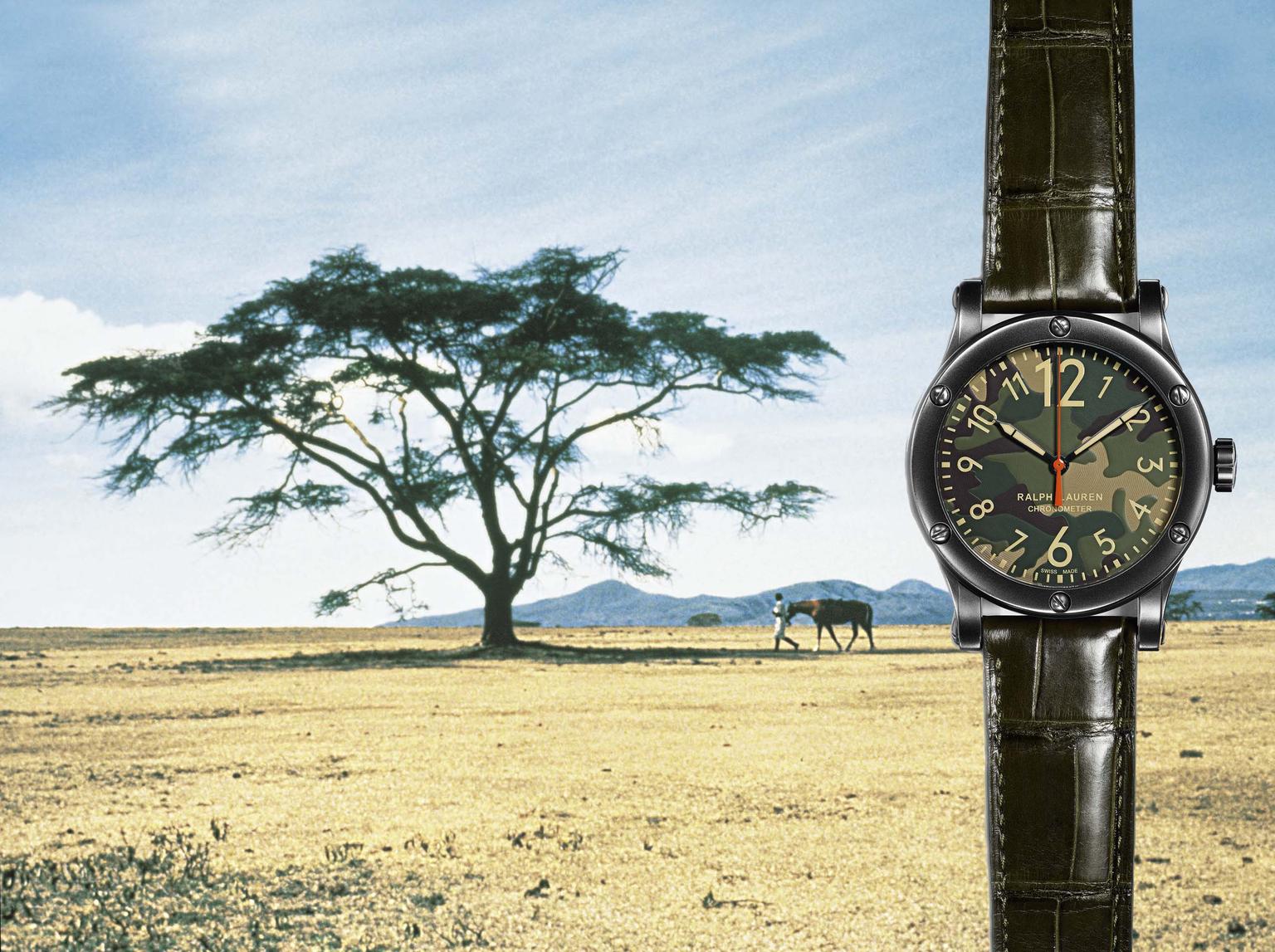 Ralph Lauren RL67 Safari Chronometer with a camouflage dial and a 45mm blackened steel case will appeal to hunters of sports watches who expect Swiss chronometry precision on their adventures.