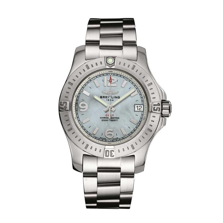 Breitling Colt 36mm ladies' watch with a blue mother-of-pearl dial keeps impeccable time with a chronometer-certified Superquartz movement.