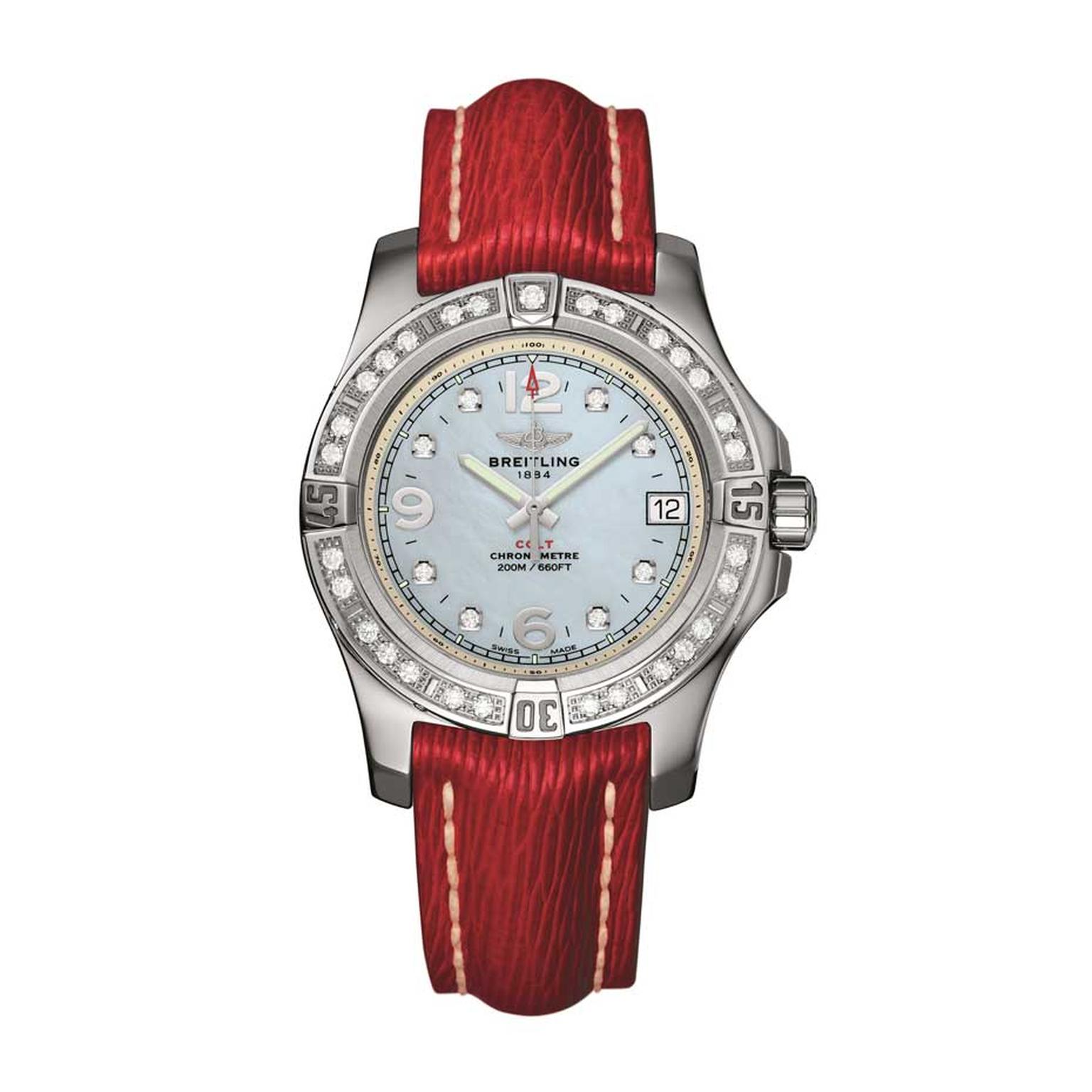 Breitling Colt 36mm ladies' watch with a diamond-set bezel and diamond indices. Like the Superocean, this watch has a screwed-down crown and caseback and is water-resistant to 200 metres.