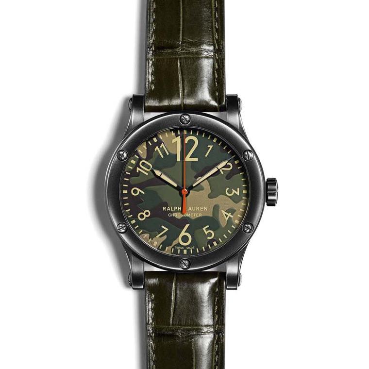 Like its brother with the khaki dial, the new Ralph Lauren RL67 Safari Chronometer with a camouflage dial - available with a 39 or 45mm blackened steel case - is equipped with an automatic calibre RL300-1 - a Swiss COSC-certified chronometer movement, wat