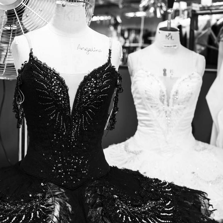 Costumes from the Black Swan Odile and White Swan Odette in Swan Lake. Image: Charlie Dailey