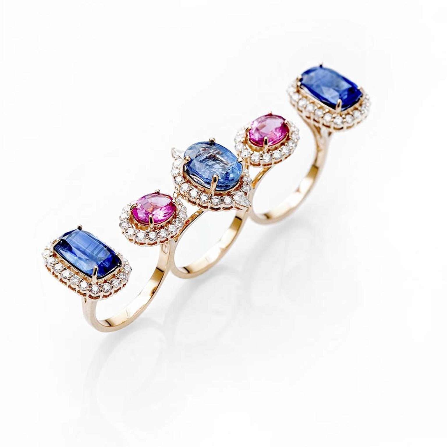 A multi-finger kyanite, rubellite and diamond Farah Khan ring in yellow gold from the new Le Jardin Exotique summer jewellery collection.