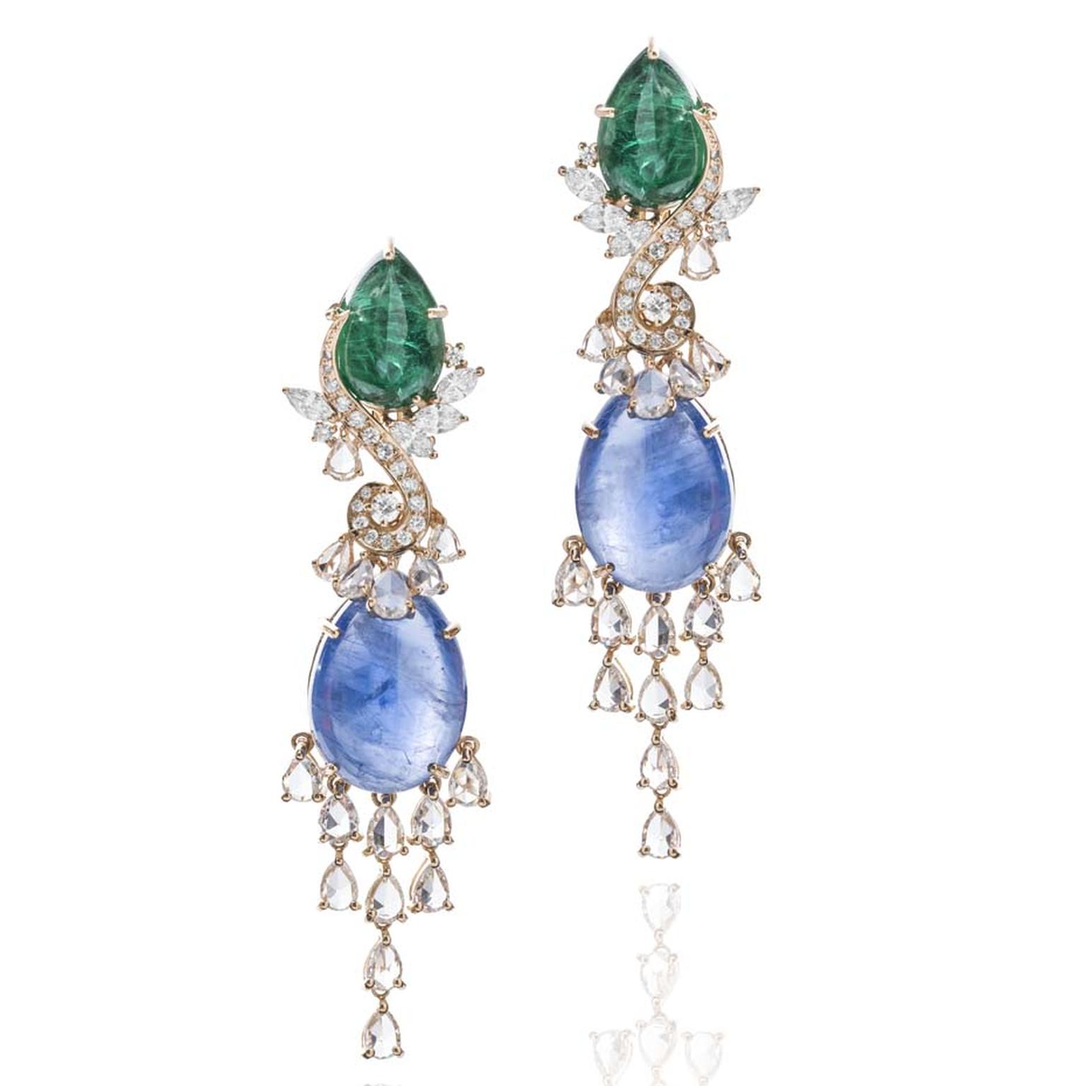 Farah Khan Le Jardin Exotique cabochon emerald, blue sapphire and diamond earrings in yellow gold.