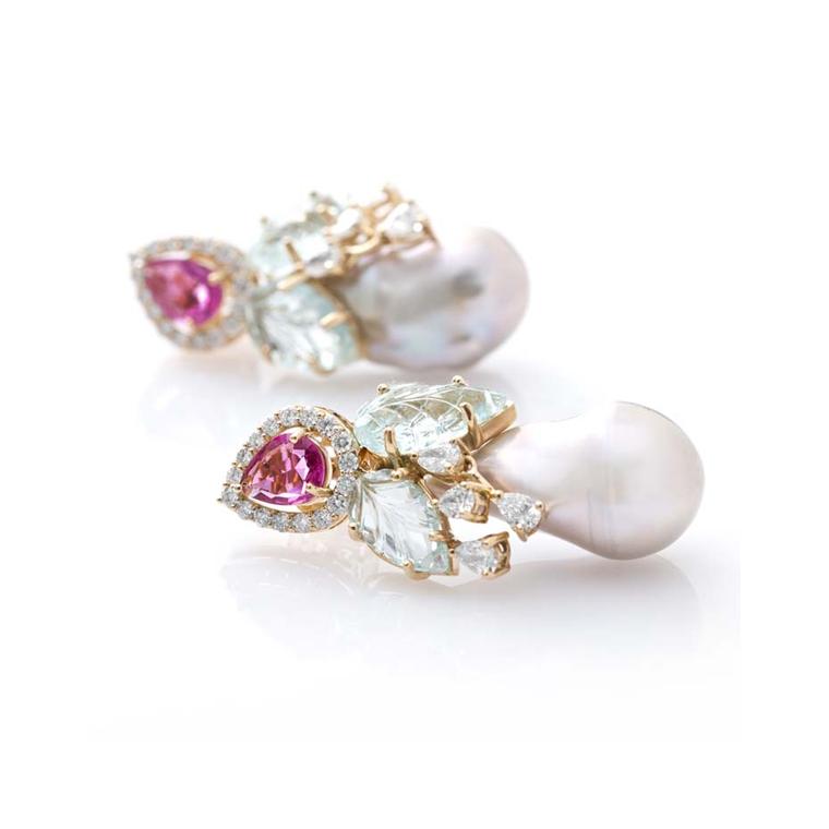 Baroque pearl earrings in yellow gold with carved rubellites, aquamarines and diamonds from Farah Khan's new Le Jardin Exotique collection.