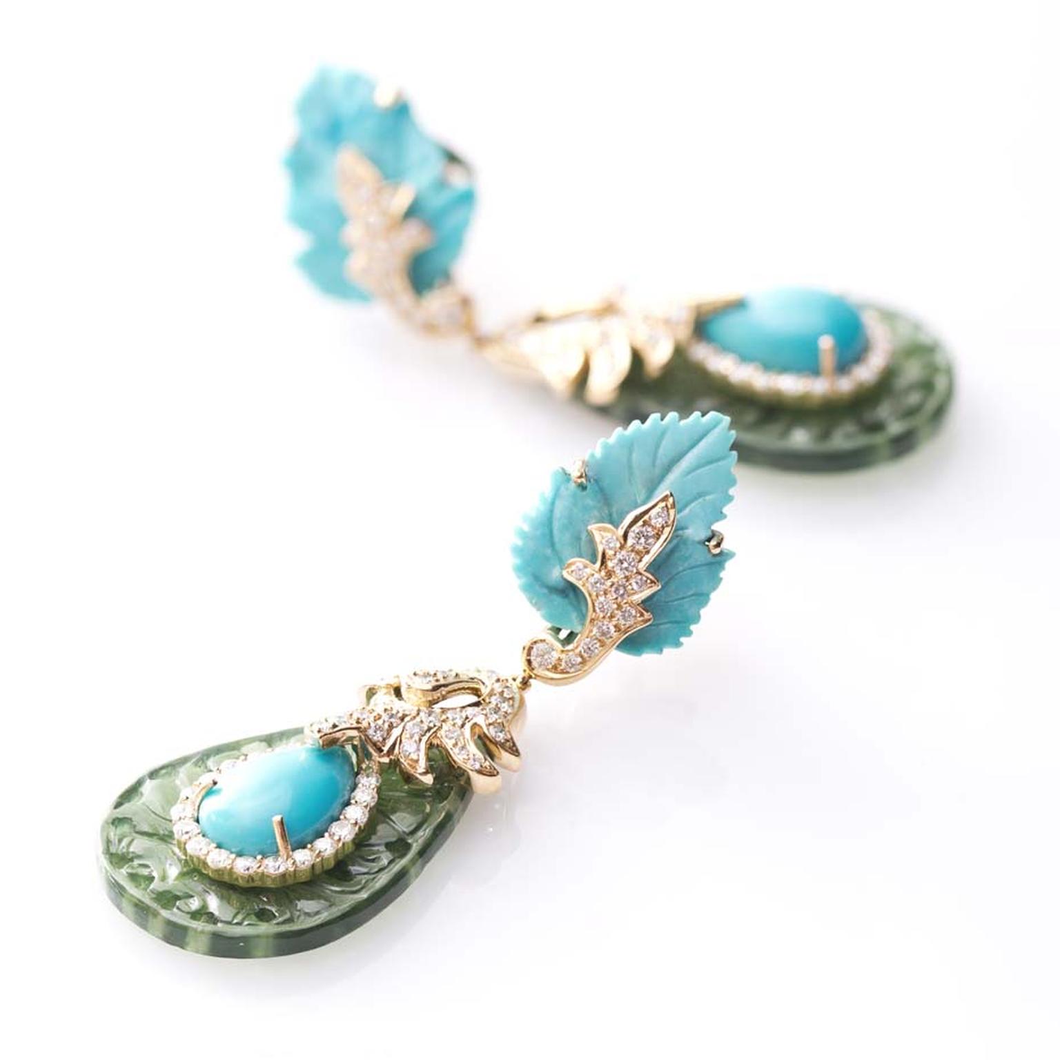 Carved turquoise and serpentine Farah Khan earrings accented by diamonds and set in gold, from the Le Jardin Exotique collection.