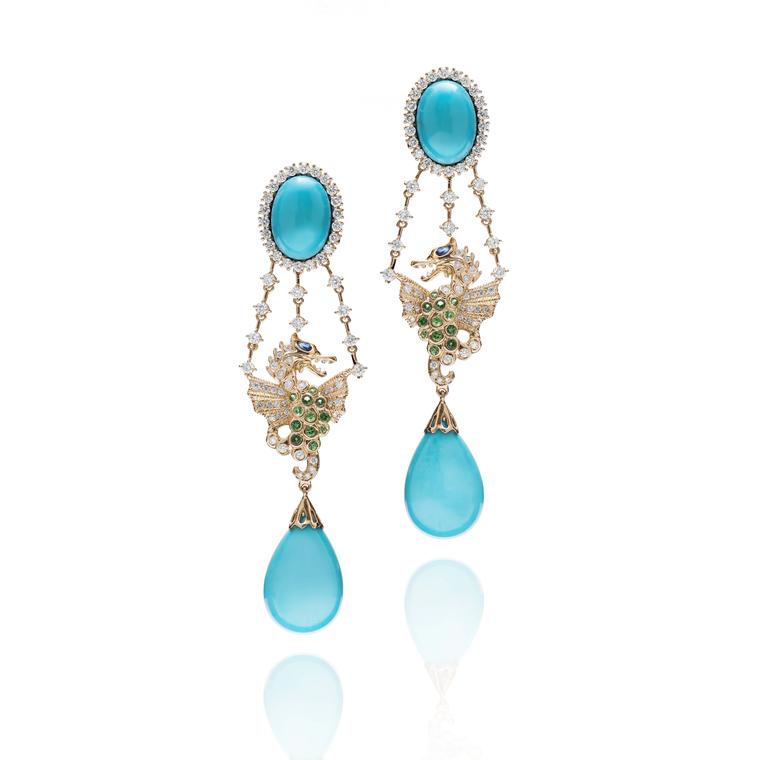 Turquoise, tsavorite and diamond Farah Khan earrings in yellow gold from the new Le Jardin Exotique collection.