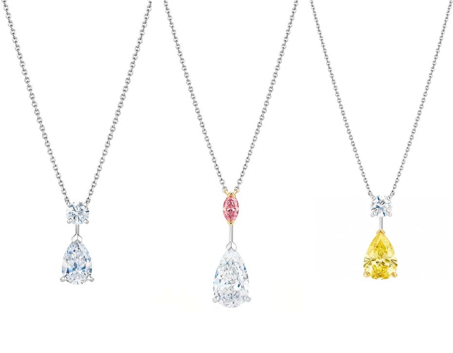 The new Drops of Light collection of De Beers diamond jewellery includes three pendant necklaces. White, pink and yellow diamond options are available, as well as matching earrings that can be worn in two different ways.