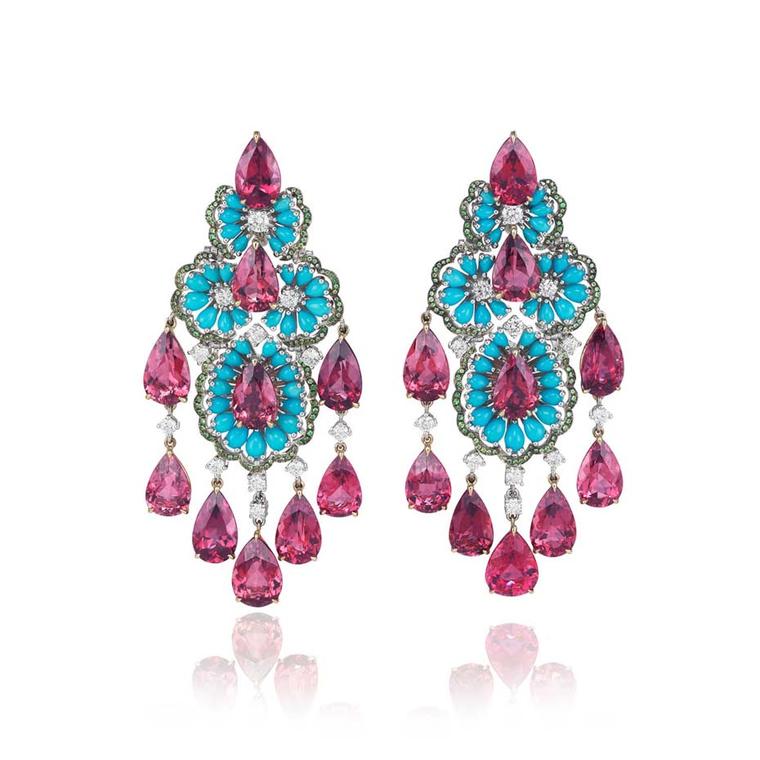 Chopard’s Red Carpet collection earrings featuring rubellite tourmalines, turquoises, white diamonds and tsavorites set in 18ct white gold and 18ct rose gold, worn by Spanish actress Bianca Suarez in Cannes.