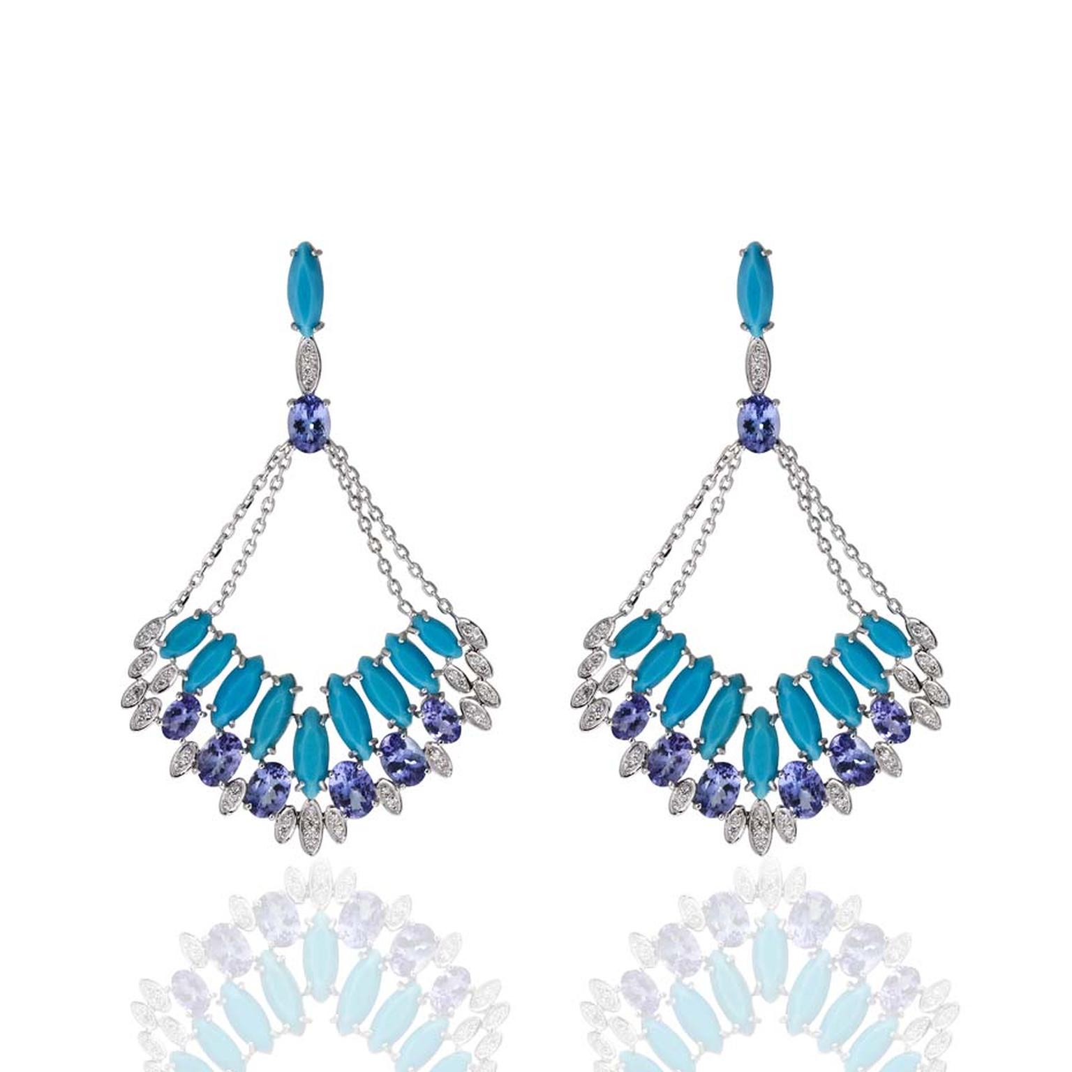 Flor de Pedra Carla Amorim earrings in white gold with turquoise, tanzanite and white diamonds ($12,980).