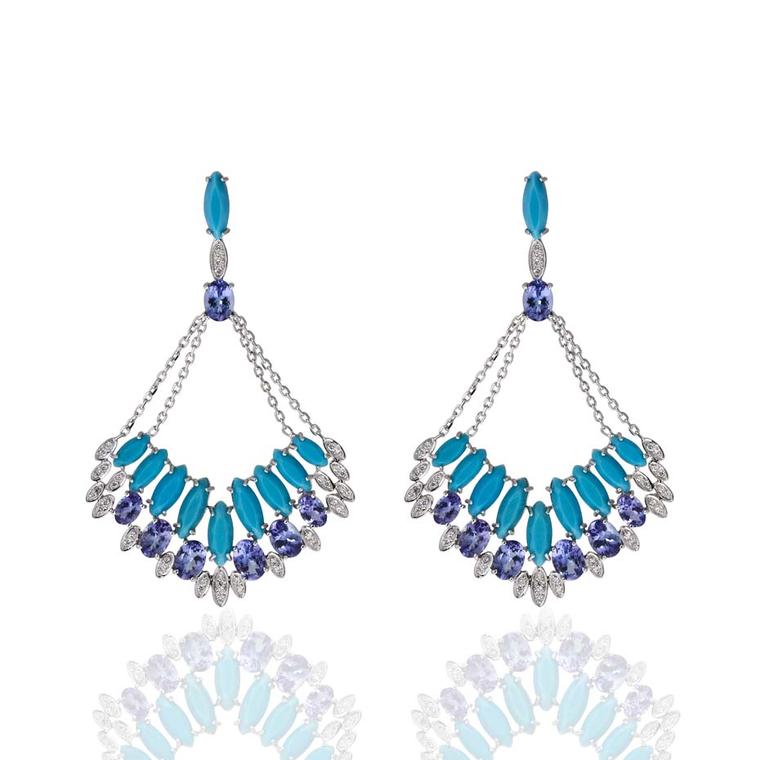 Flor de Pedra Carla Amorim earrings in white gold with turquoise, tanzanite and white diamonds ($12,980).