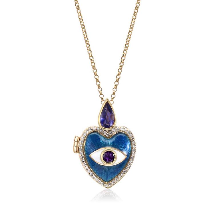 Holly Dyment heart locket with blue enamel, white diamonds, iolite and amethyst in gold ($3,380 from Broken English, New York).