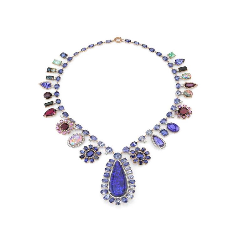 Irene Neuwirth one-of-a-kind rose gold necklace set with Ceylon sapphires, purple sapphires, tanzanites, emeralds, tourmalines, Lightning Ridge opals, diamonds and diamond pavé.