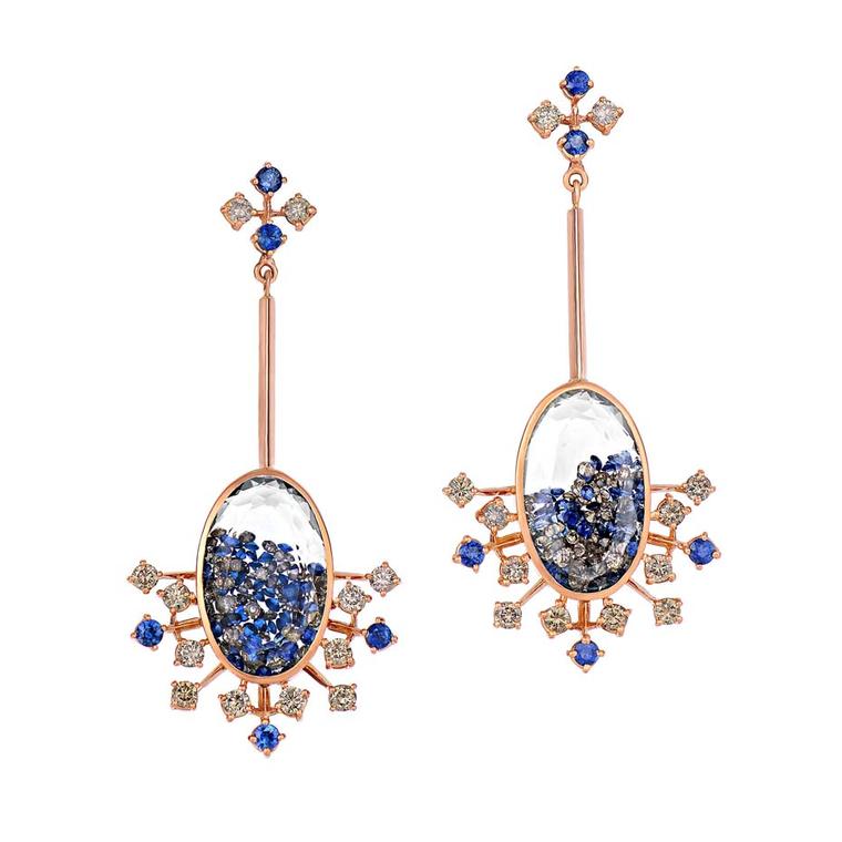 Moritz Glik earrings with champagne diamonds and blue sapphires in rose gold.