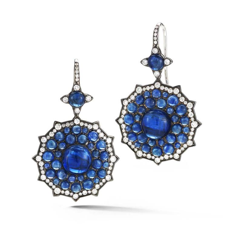 Nam Cho blue sapphire cabochon earrings with white diamonds and kyanite cabochon.