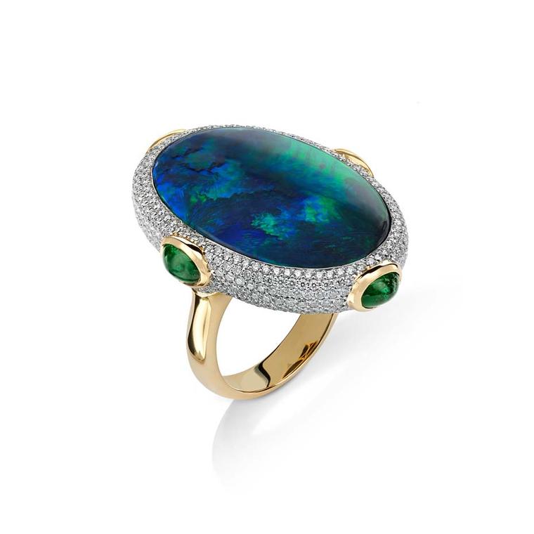 Pamela Huizenga Calypso Australian black opal ring in gold with emeralds and diamonds.