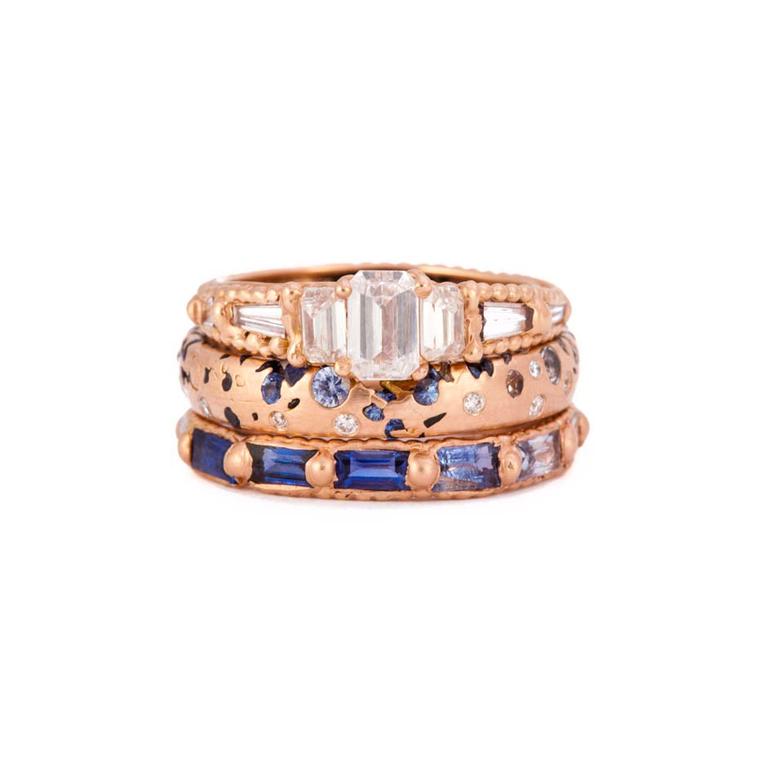 Polly Wales Couture Design Awards Wedding and Engagement selection, including Atrium diamond ring, Ombre blue to white sapphire Confetti ring, and Ombre blue sapphire to white diamond Rapunzel eternity ring.