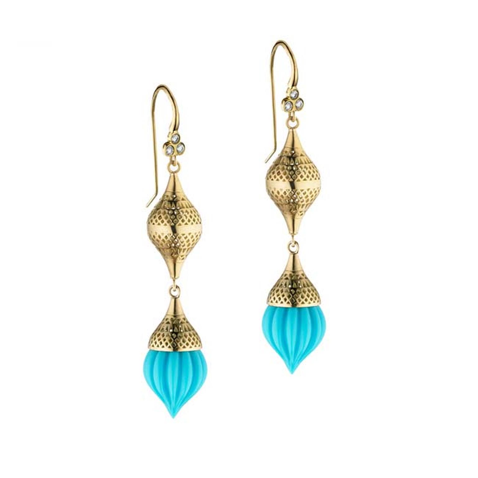 Ray Griffiths Sleeping Beauty turquoise earrings in gold with crownwork finial on triple diamond hooks ($5,690).