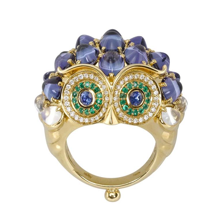 Temple St Clair Owl ring in gold with blue-green tourmalines, Royal Blue moonstones, emeralds, blue sapphires and diamonds ($35,000).