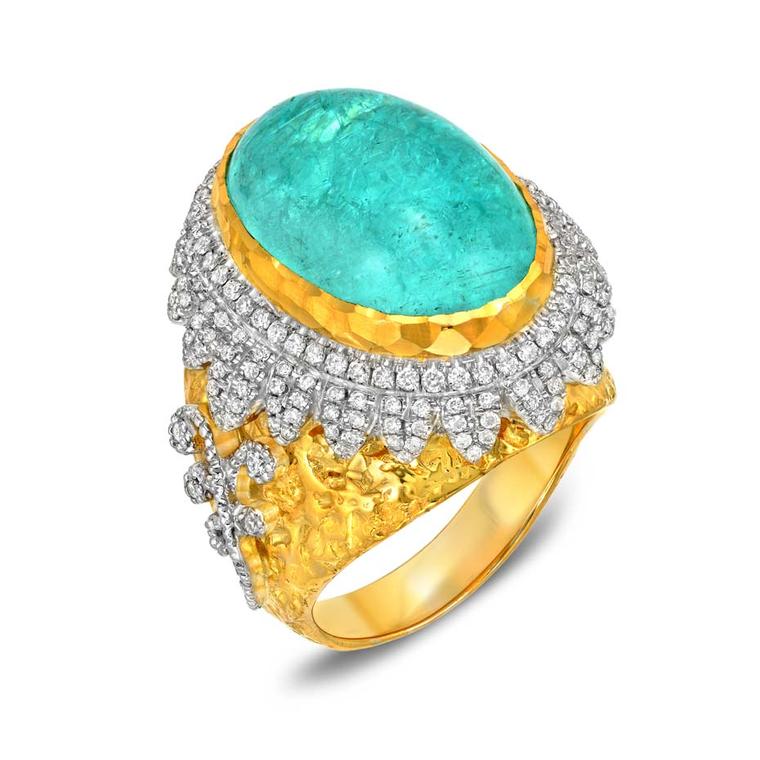 Victor Velyan 14.8ct Paraiba tourmaline ring in yellow gold ($93,000).