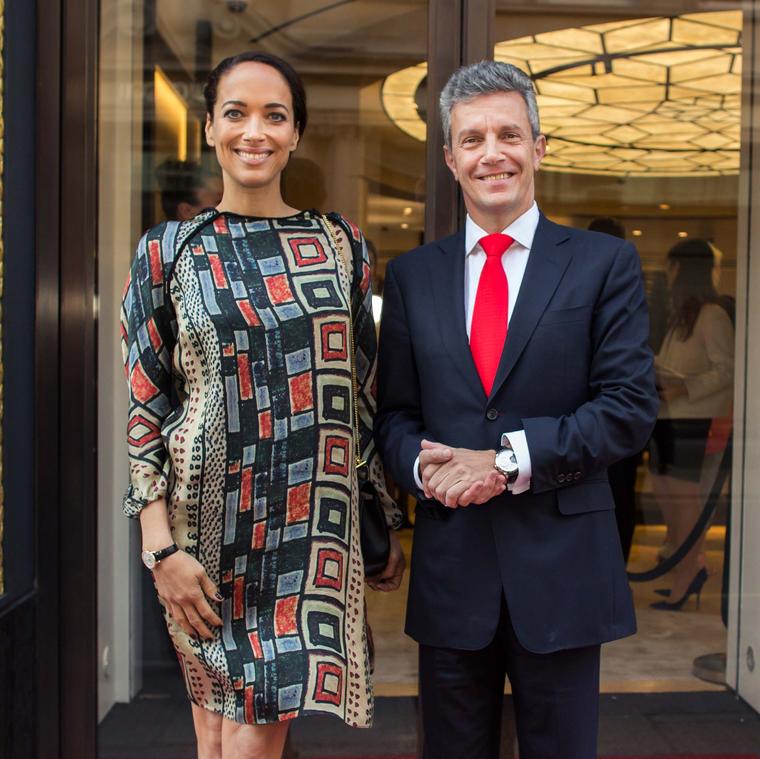 Actress Carmen Chaplin, who features in the luxury watch brand's new advertising campaign, with CEO of Jaeger-LeCoultre, Daniel Riedo, at the launch party in Mayfair.