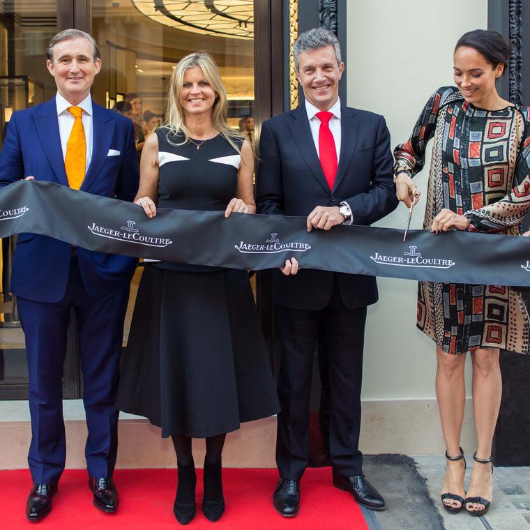 Interior designer Tim Gosling, polo player Clare Milford Haven and Jaeger-LeCoultre's CEO, Daniel Riedo, hold the ribbon as actress Carmen Chaplin cuts it, signalling the opening of Jaeger-LeCoultre's flagship London boutique.