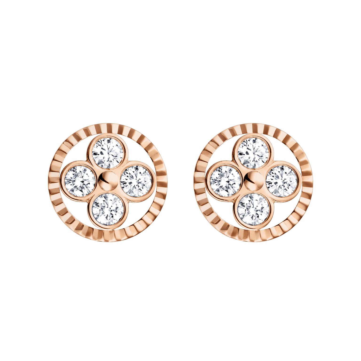 Louis Vuitton Monogram Sun earrings in rose gold. The circle surrounding the round-petal quatrefoil diamond flower is fluted to create a mirage of light.