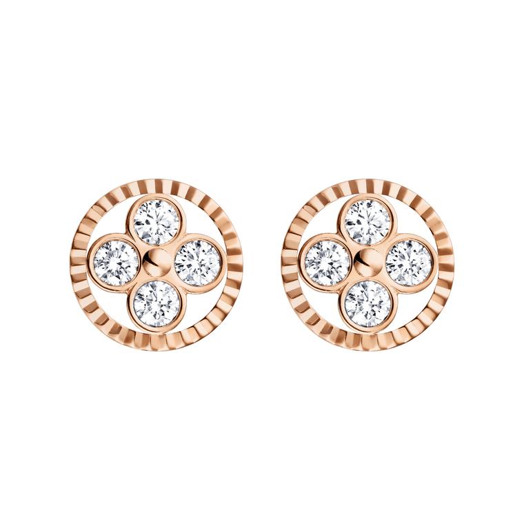 Louis Vuitton Monogram Sun earrings in rose gold. The circle surrounding the round-petal quatrefoil diamond flower is fluted to create a mirage of light.