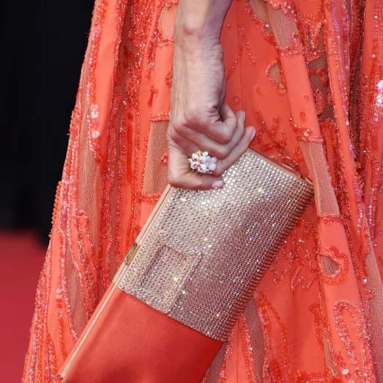 The Chaumet Hortensia ring with pink opal, tourmalines, sapphires and diamonds worn by Andie MacDowell at the Cannes Film Festival 2015.