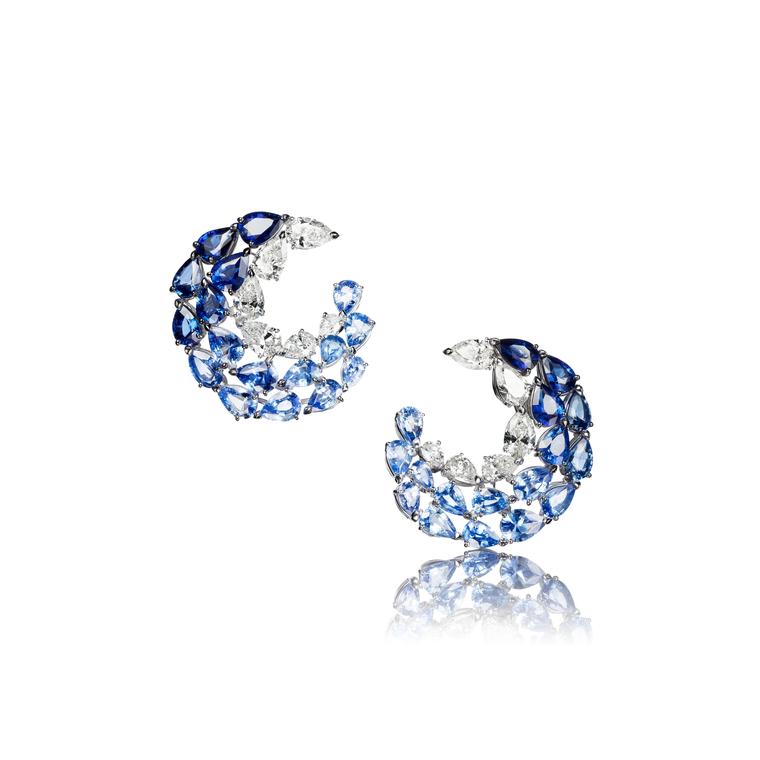 These high jewellery earrings from Adler's new L'Oiseau Bleu suite are set with 34 pear-cut blue sapphires and 12 pear-cut diamonds in white gold.