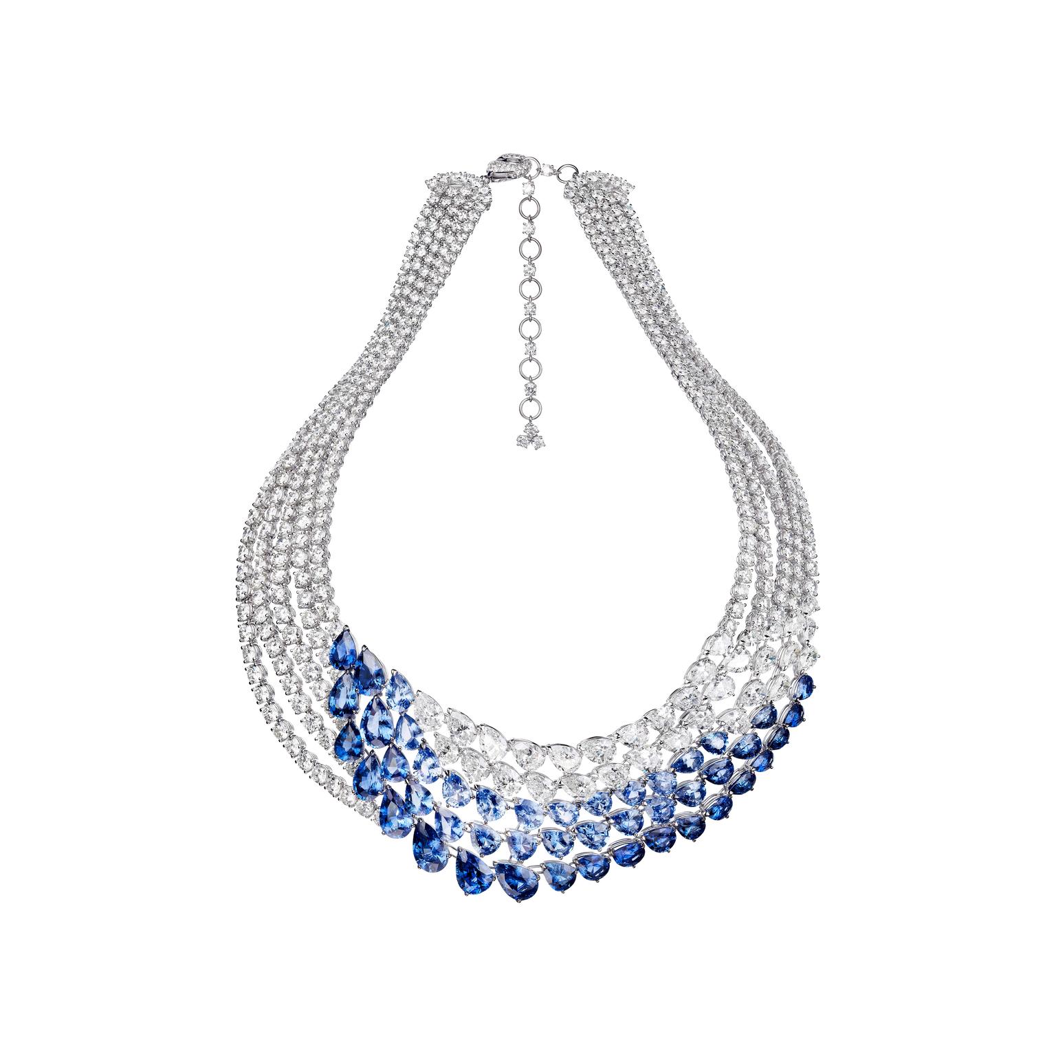 The new Adler high jewellery L'Oiseau Bleu necklace is set with 46 pear-shaped sapphires totalling more than 60ct in different tones of blue, which caress the neck along with a cascade of white diamonds.