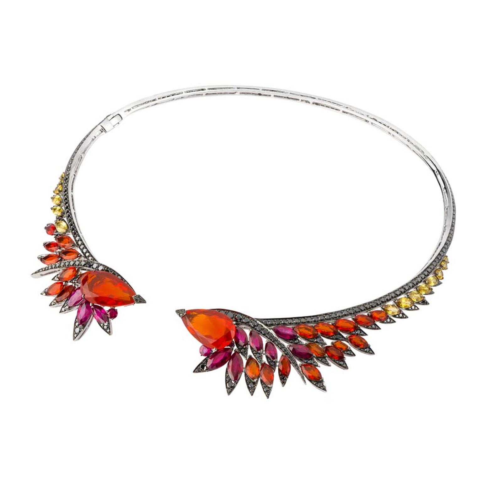 Stephen Webster Magnipheasant Plummage couture collar necklace in white gold set with black diamond pavé, marquise-shaped rubies, fire opals, yellow sapphires, and central pear-shaped fire opals ($80,000).