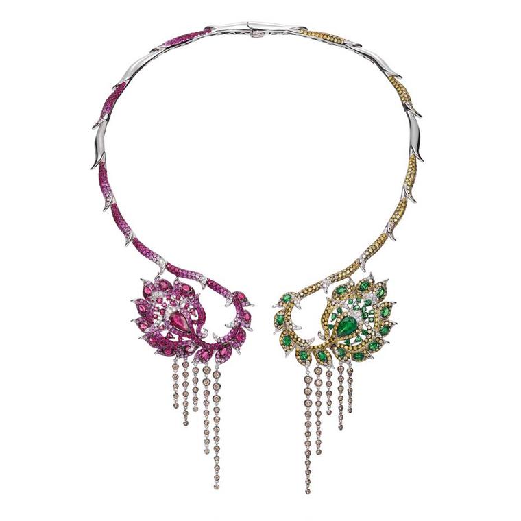 Wendy Yue open collar necklace with champagne diamonds, tsavourites, rubellite, pink sapphire, ruby, white diamonds and golden diamonds ($78,000).