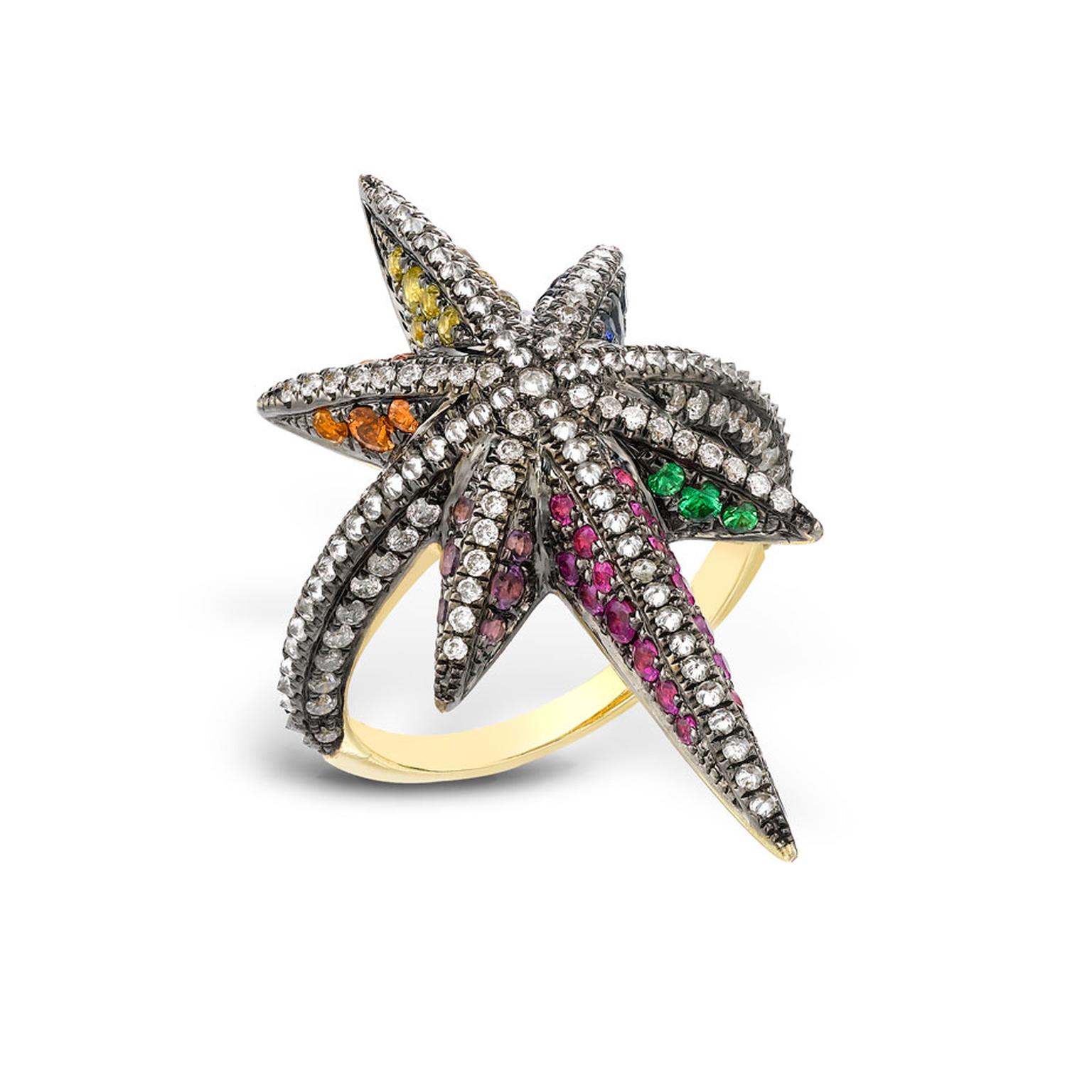 Venyx Theiya Star ring set with fancy color sapphires and diamonds.