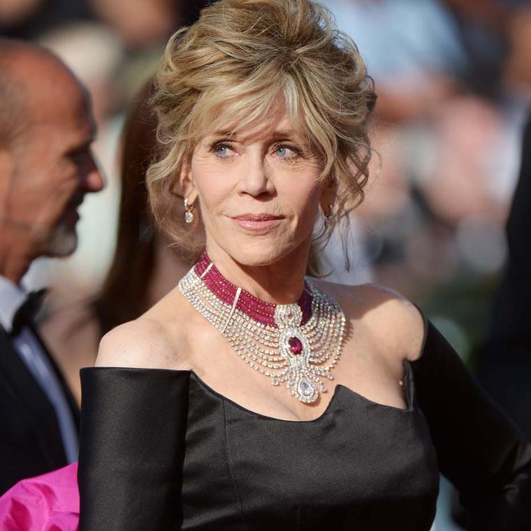 Jane Fonda gave actresses half her age a run for their money, sweeping down the Cannes red carpet for the premiere of her new film Youth wearing a stunning one-of-a-kind diamond and ruby Cartier necklace featuring a 15.29ct oval-cut Mozambique ruby.