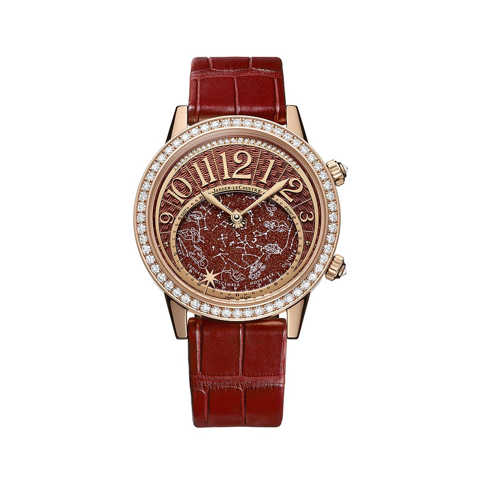The Jaeger-LeCoultre Rendez-Vous Celestial watch pays homage to astronomical phenomena. Presented in a rose gold case decorated with brilliant-cut diamonds, with an alligator strap, a Bordeaux-coloured aventurine stone decorates the dial, with the hours a
