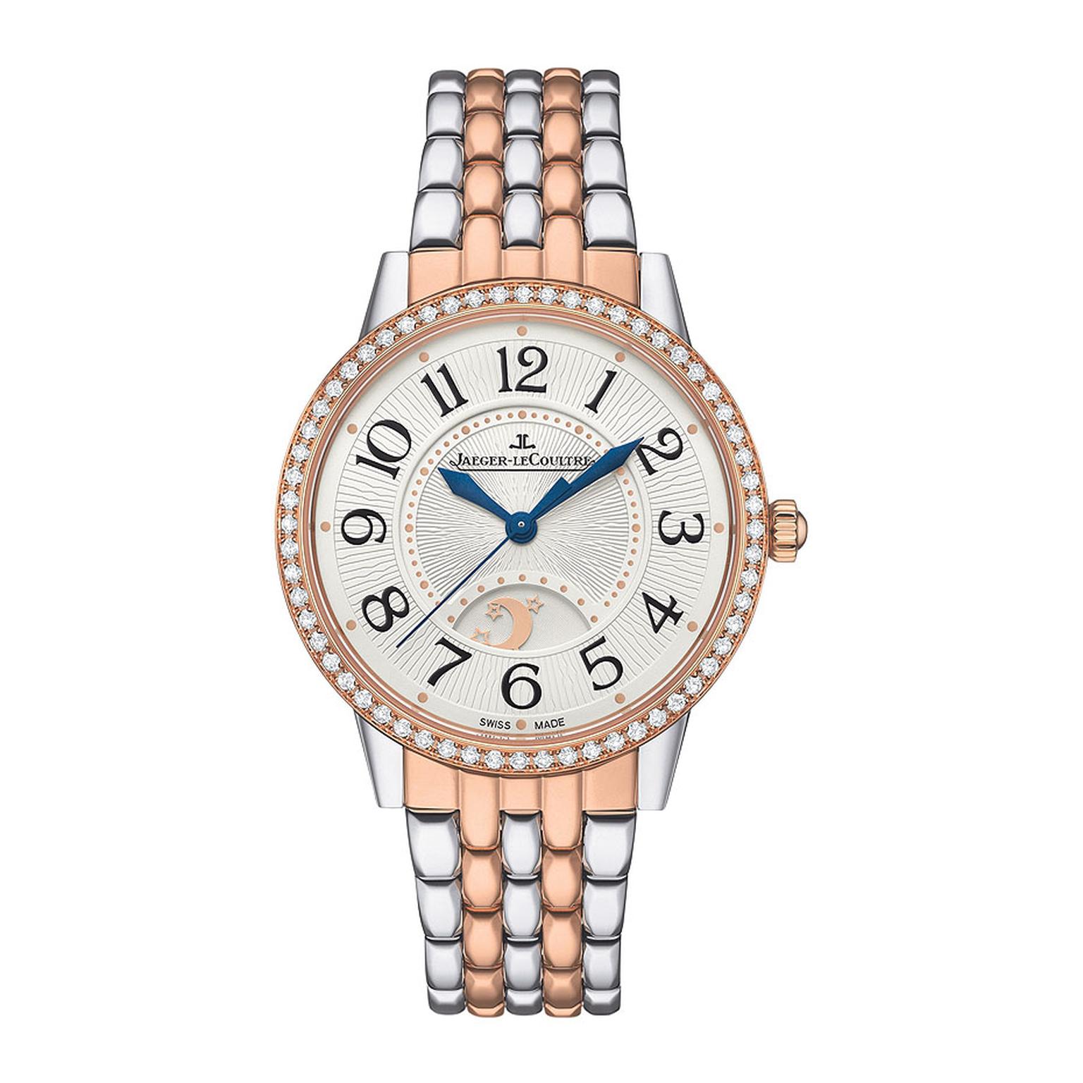 Jaeger Le-Coultre's new Rendez-Vous Night & Day ladies' watch is presented in a two-tone rose gold and stainless 34mm case and bracelet, with a silvered guilloché dial that features large 1930s-inspired numerals lit up by the diamond set bezel. It is fitt