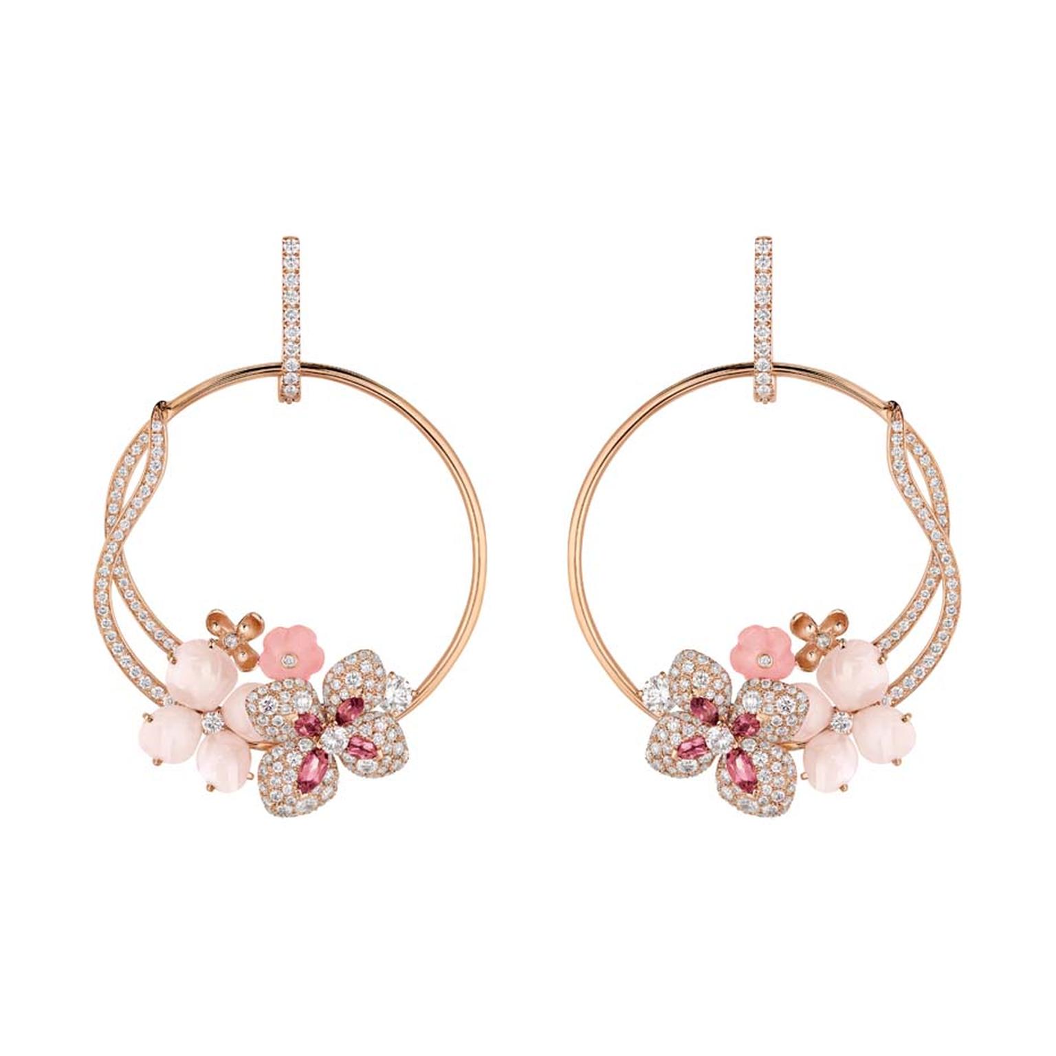 Chaumet Hortensia earrings in pink gold set with angel-skin coral, pink opals, pink tourmalines and diamonds.