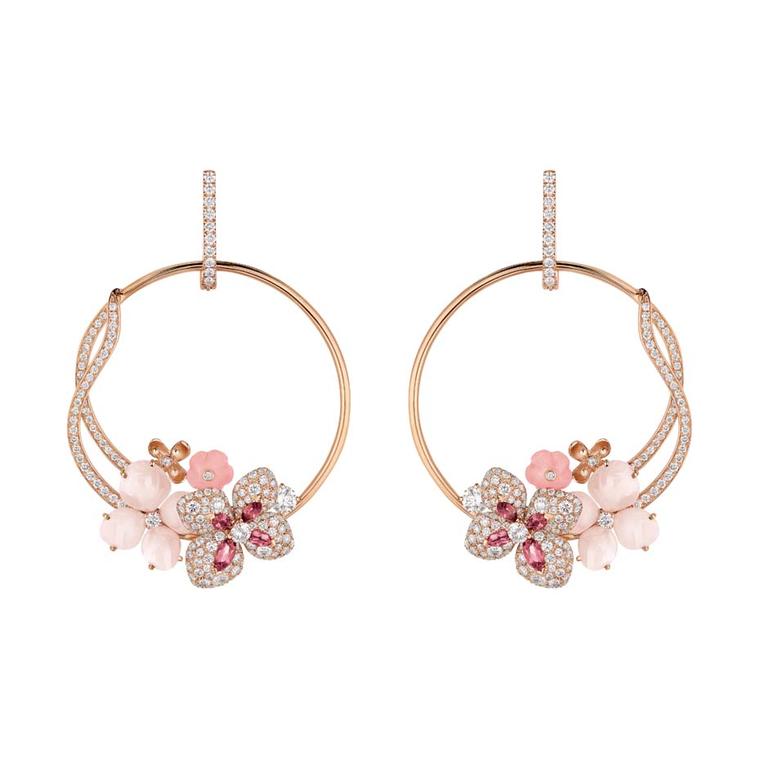Chaumet Hortensia earrings in pink gold set with angel-skin coral, pink opals, pink tourmalines and diamonds.