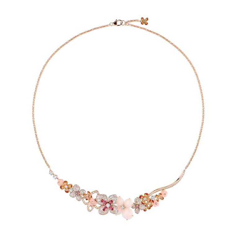 Chaumet Hortensia necklace in pink gold set with angel-skin coral, pink opal, marquise-cut pink tourmalines, brilliant-cut pink sapphires and brilliant-cut diamonds.