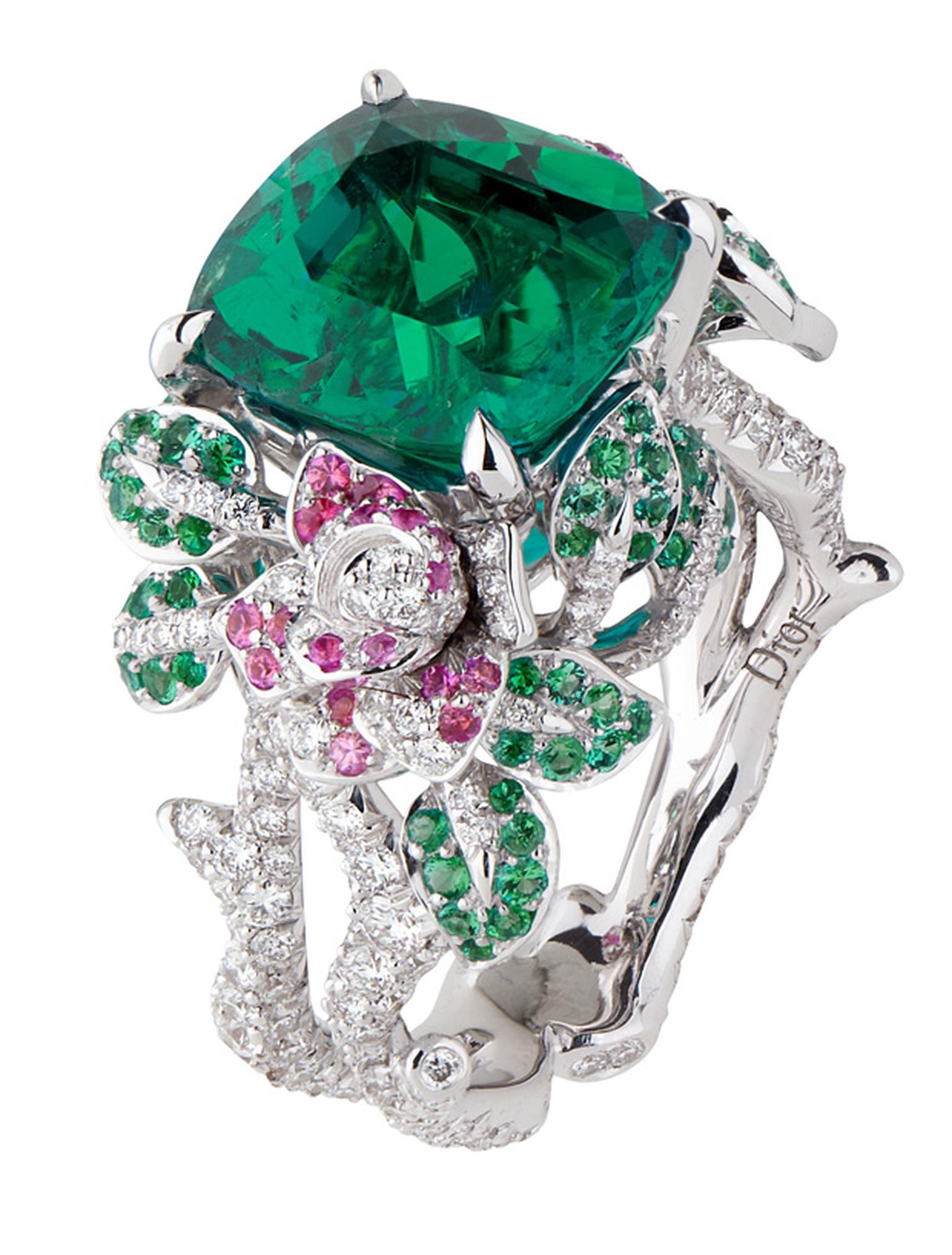 Dior Précieuse Rose ring with emeralds, diamonds and pink sapphires