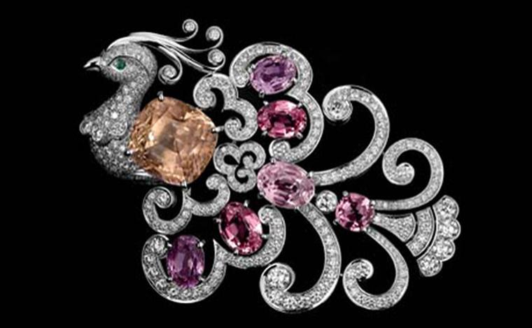 Cartier Bird of Paradise Brooch with 20.22-carat pink sapphire and six padparadscha sapphires