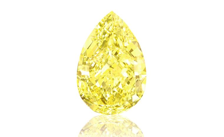 The 110.03 carat Fancy Vivid Yellow Sun Drop diamond for sale by Sotheby's in Geneva on 11 November.   Estimated value between $ 11-15 million.