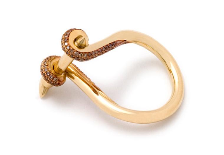 Hannah Martin Twisted Shackle rose gold ring with brown diamonds