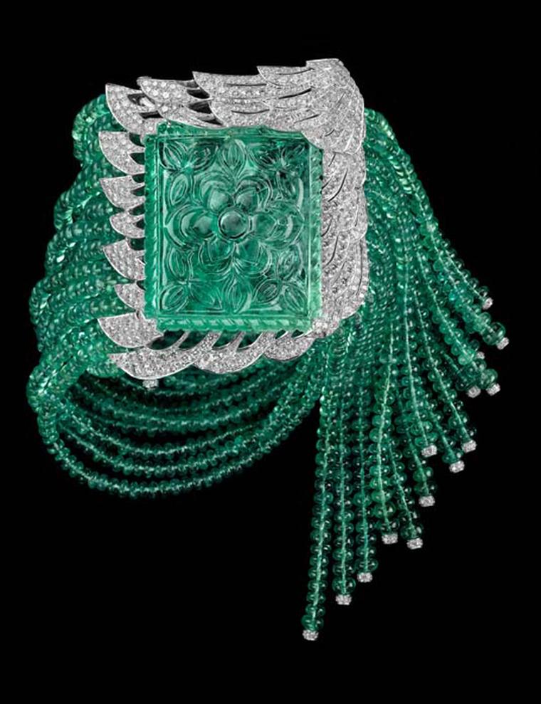 Cartier bracelet with 77.3-carat carved emerald, emerald beads and diamonds