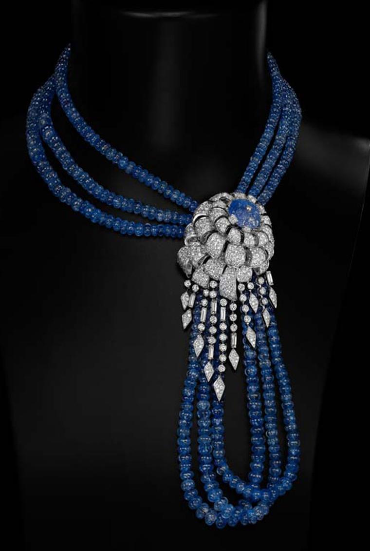 Cartier sapphire bead, carved sapphire and diamond necklace