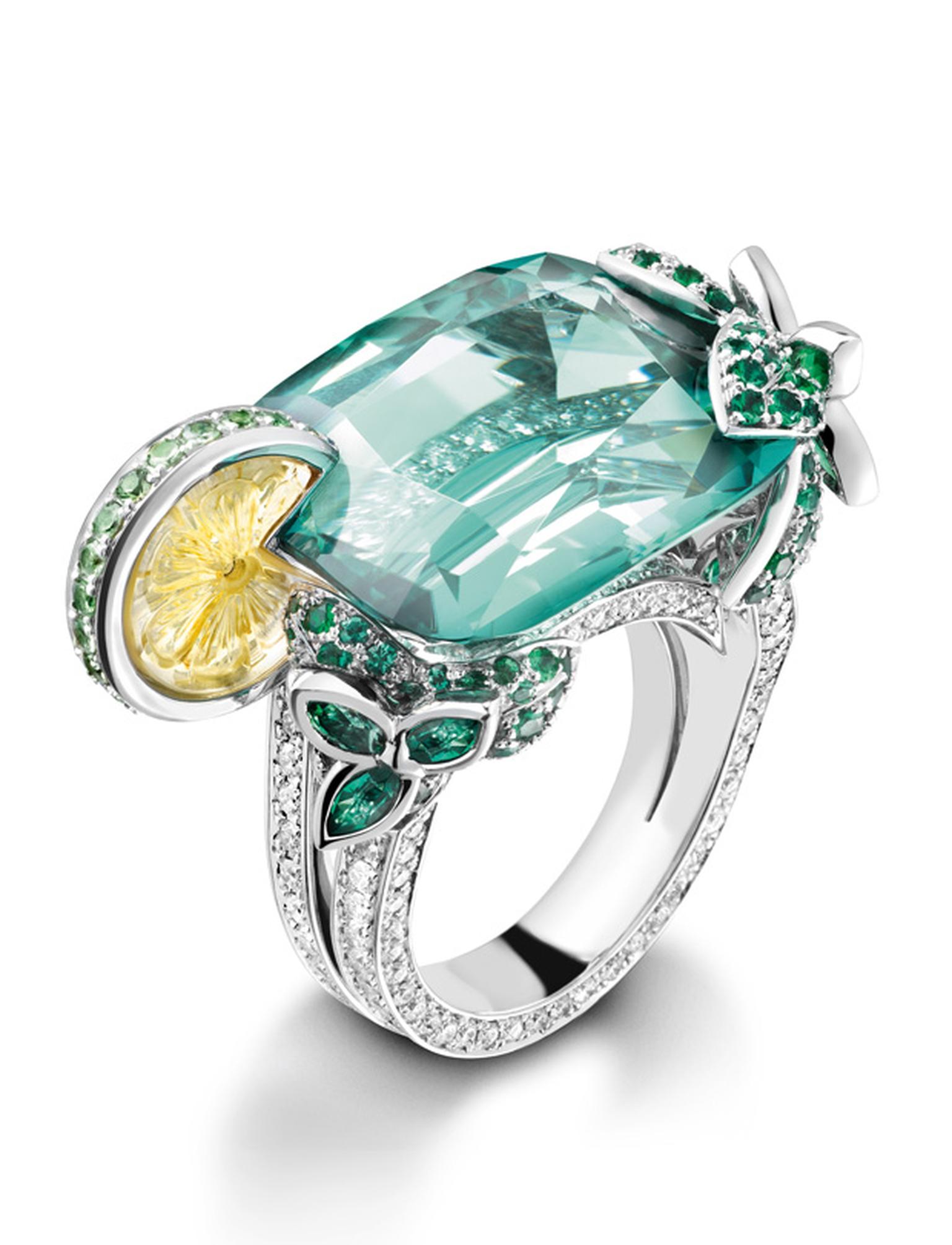 Piaget Mojito inspired cocktail ring with green tourmaline, emeralds and carved citrine