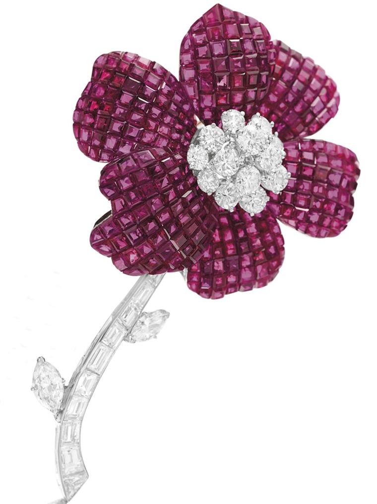 Van Cleef & Arpels Mystery Set ruby and diamond Pavot flower brooch circa 1974
