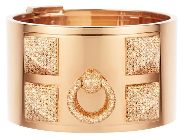 Hermes Collier de Chien cuff in gold with diamonds