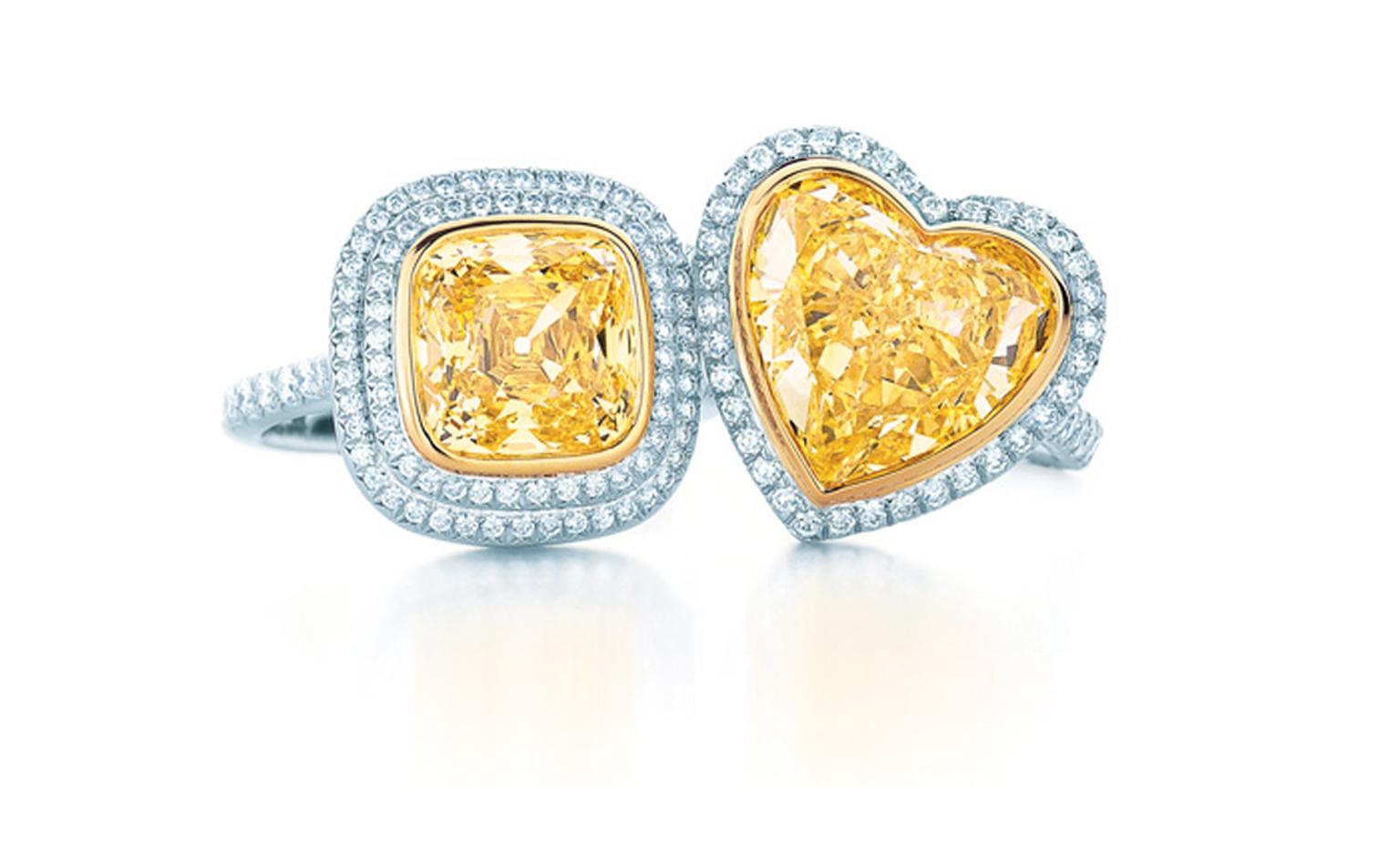 Tiffany & Co, yellow and white diamond rings. Square diamond £45,000 and heart shaped POA.