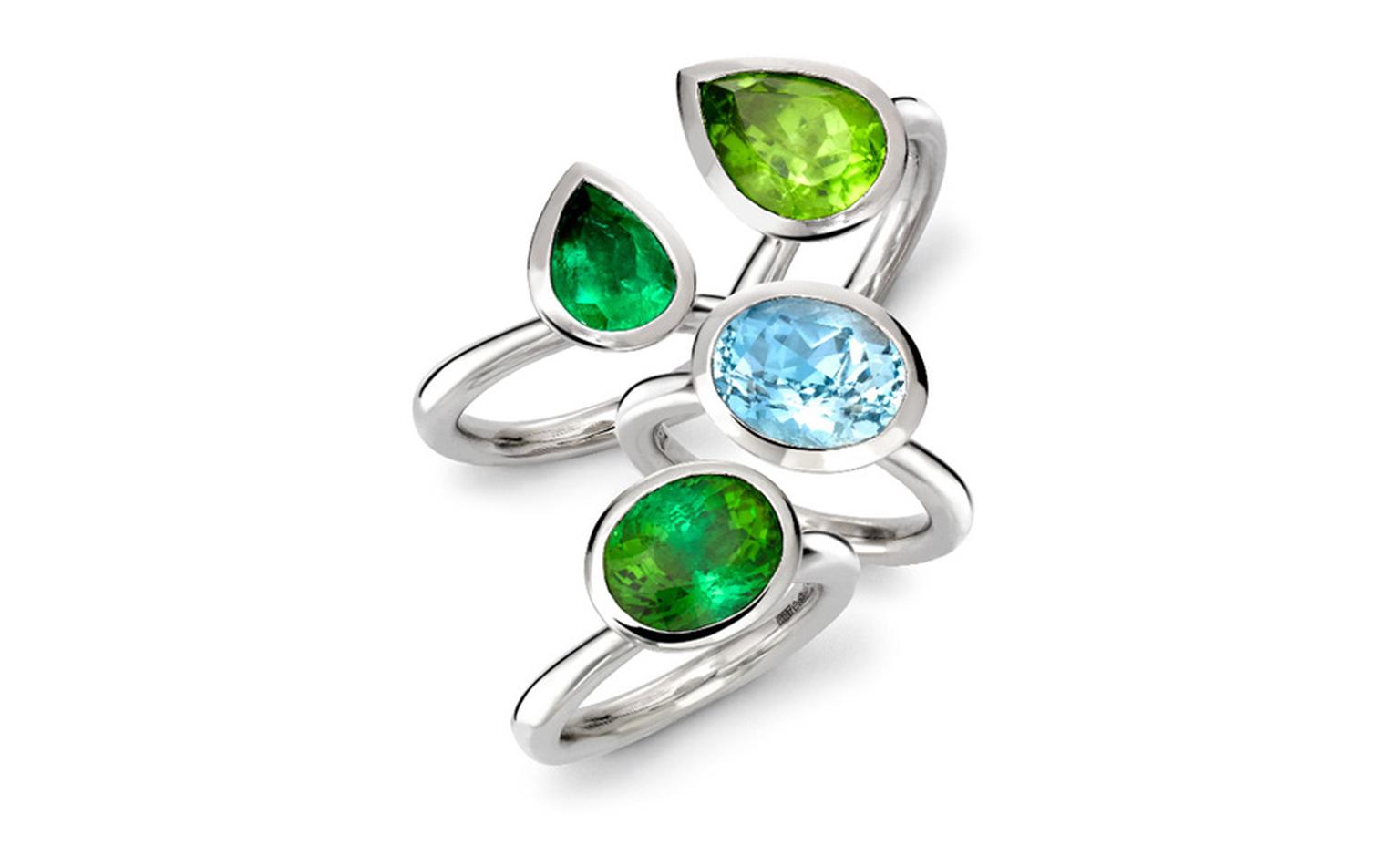 Wright & Teague, Delphi platinum rings: Peridot £1,900, Emerald £5,000, Aquamarine £2,900, Tourmaline £1,500